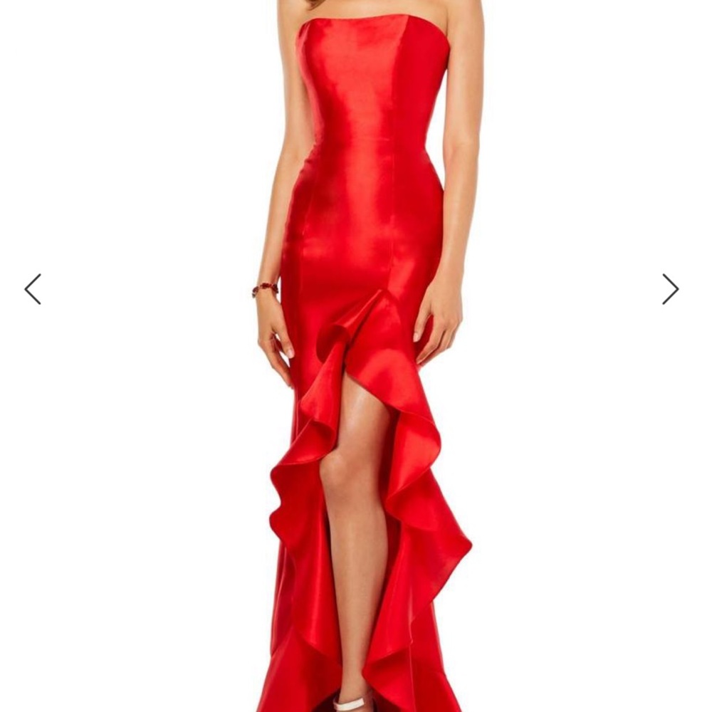 Strapless Ruffled Front Slit Mikado Gown